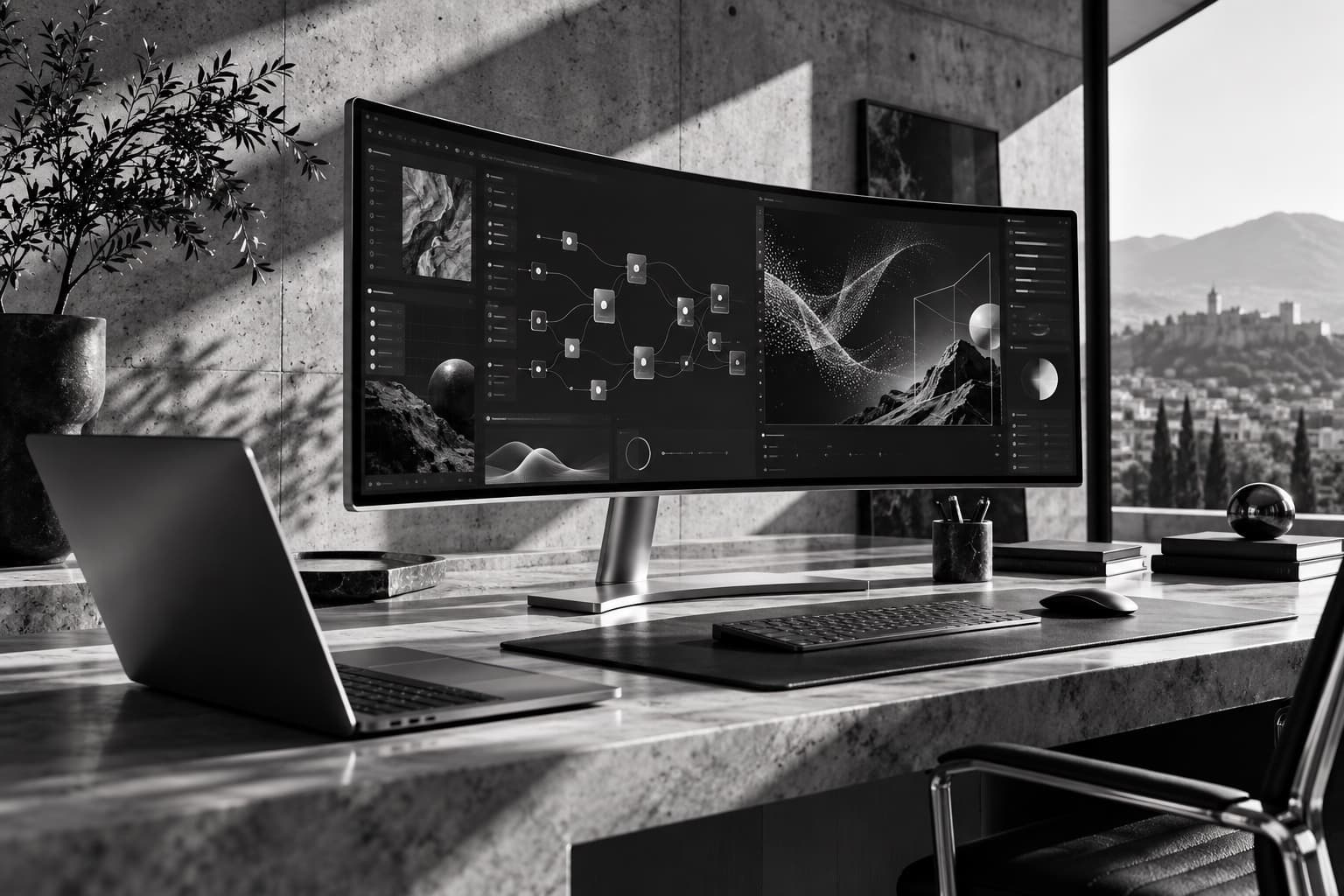 Estudio tecnológico en blanco y negro con una pantalla de diseño y flujos de automatización